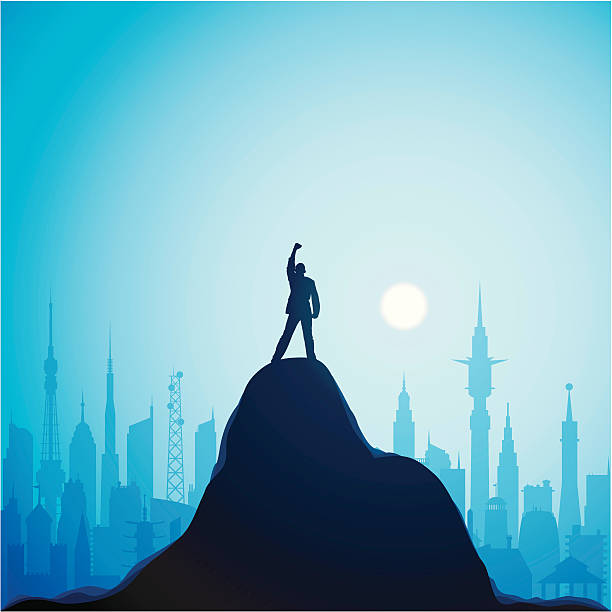 Top of the World The man and buildings are detailed, complete and separate, and so can be used separately if needed. man mountain climbing stock illustrations