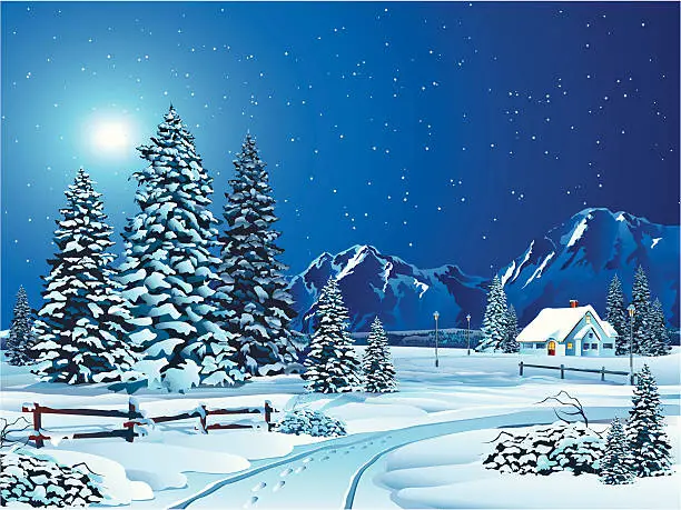 Vector illustration of Cartoon Winter Landscape with Trees and Cottage in Distance