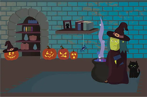 Vector illustration of Halloween Scene: Witch in Dungeon