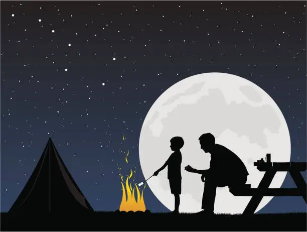 Vector illustration of Father and son camping around campfire