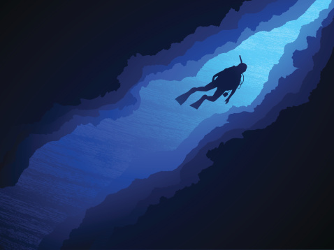 A lone scuba diver explores a coral canyon. XXL jpeg, PDF and AI CS3 included. More Sport.