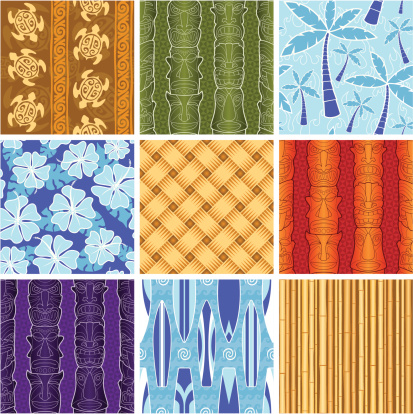 Nine seamless polynesian-inspired patterns, with tiki masks, hibiscus, bamboo, surfboards and more!