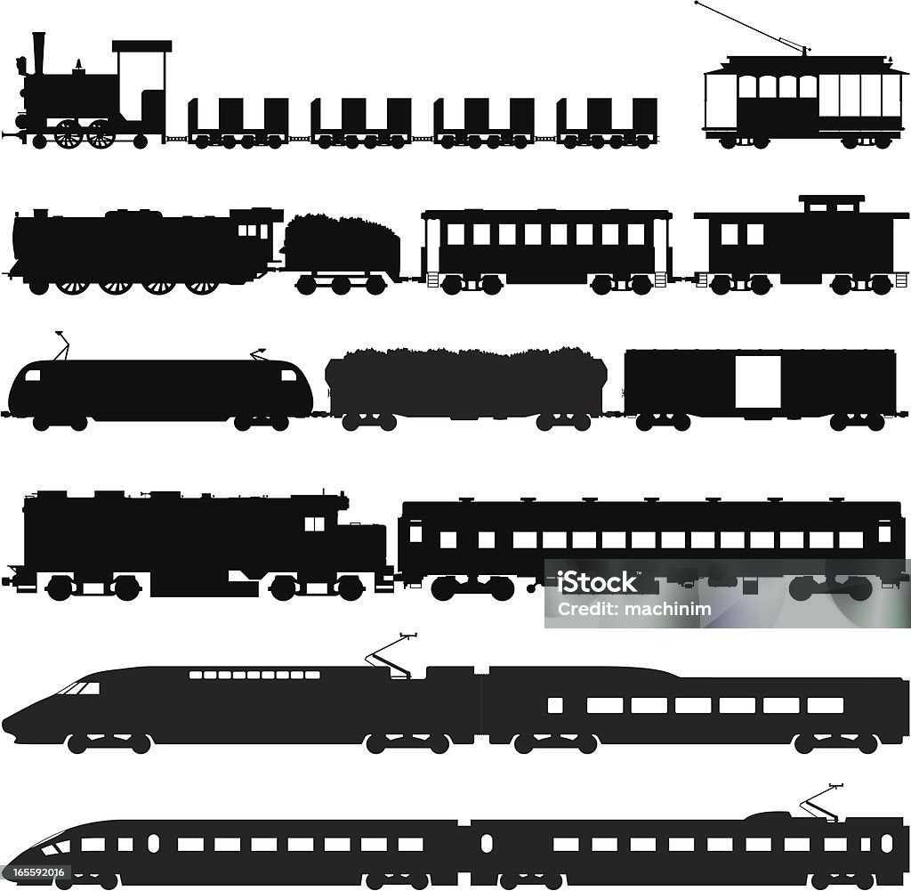 Trains Vector silhouettes of different types of trains: steam locomotives, diesel locomotives, cars and bullet trains for different applications. Train - Vehicle stock vector