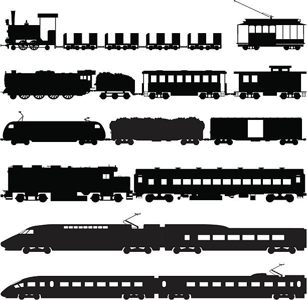 Trains Vector silhouettes of different types of trains: steam locomotives, diesel locomotives, cars and bullet trains for different applications. freight train stock illustrations