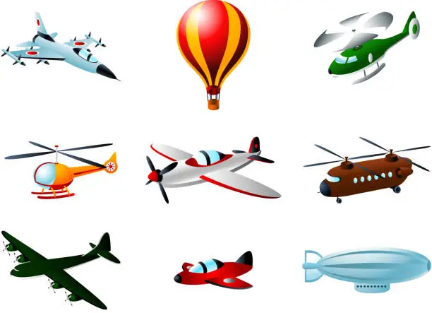 Vector illustration of Flying Aircraft Plane Air Balloon Helicopter Zeppelin