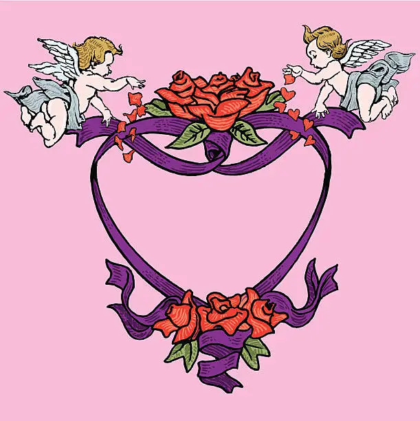 Vector illustration of Valentine Heart with Cupids, Ribbons and Flowers