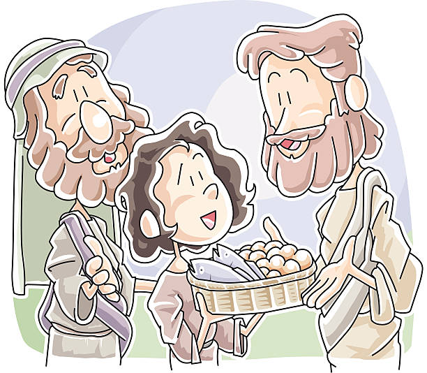 ilustrações de stock, clip art, desenhos animados e ícones de menino partilhar o seu pão e peixe de jesus - miracle food