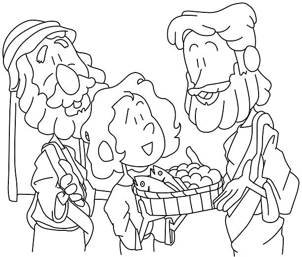 Boy sharing his bread and fish - for coloring John 6:8-10 colouring stock illustrations