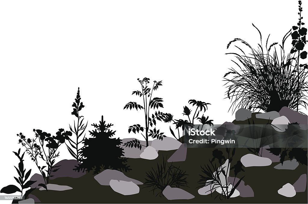 Alpine hill Silhouettes of variable flowers and plants.  In Silhouette stock vector