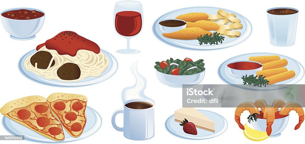 Italian Food Italian Food including minestrone soup, spaghetti and meatballs, red wine, salad, chicken fingers, soda, mozzarella sticks, pepperoni pizza, coffee, cheesecake, and shrimp cocktail Mozzarella Sticks stock vector