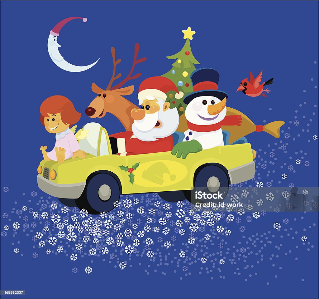 Weihnachtsmann Reiten im Auto mit Schneemann und Rentier - Lizenzfrei Auto Vektorgrafik