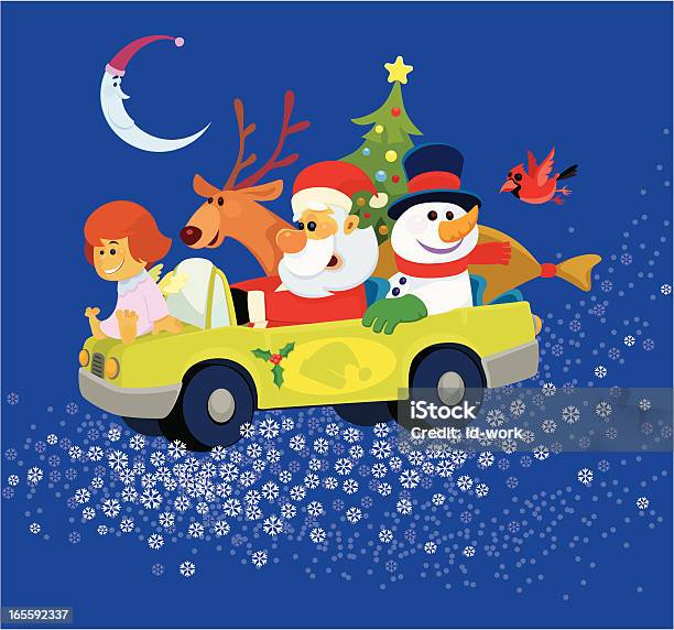 Santa Claus Équitation En Voiture Avec Bonhomme De Neige Et Renne Vecteurs libres de droits et plus d'images vectorielles de Acclamation de joie