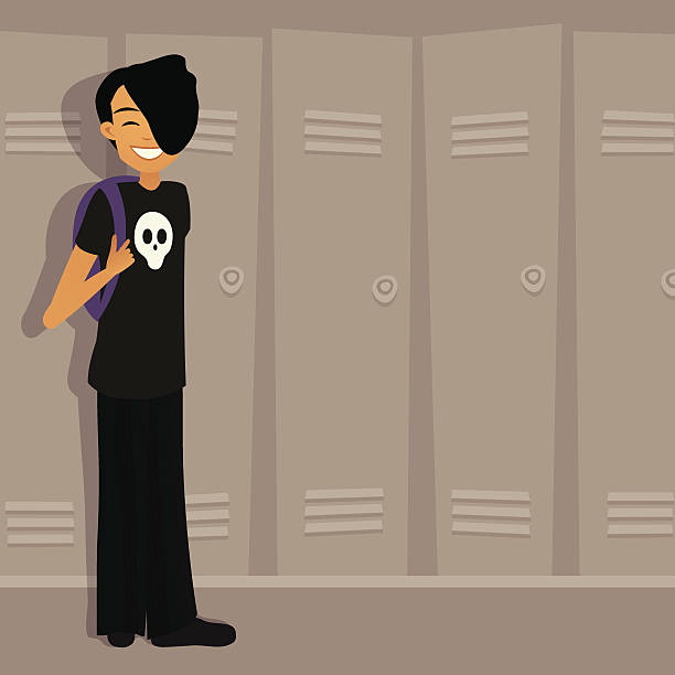 Emo boy at school by lockers, in skull shirt Emo boy stands in a school hallway in front of lockers. locker high school student student backpack stock illustrations