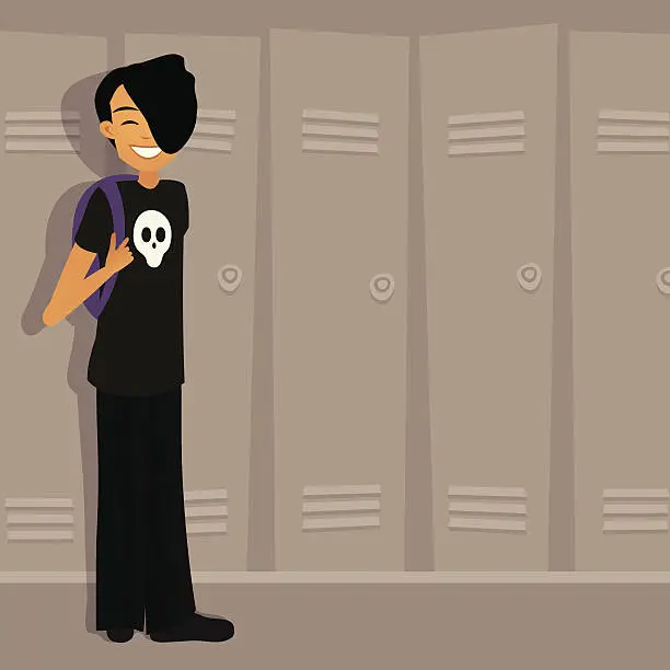 Vector illustration of Emo boy at school by lockers, in skull shirt
