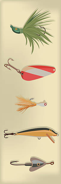 Antique Fishing Lures Various old fishing lures.  Gradient mesh used for background.  AI vs 10 included in zip. fishing hook illustrations stock illustrations