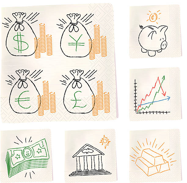 Napkin sketches - Fiance Napkin sketch illustration. Showing concepts and ideas. piggy bank gold british currency pound symbol stock illustrations