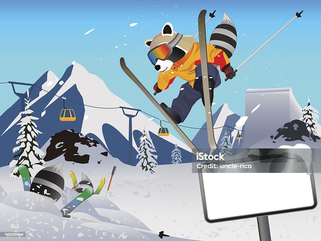 Ski personnage de dessin animé en peau de raton laveur - clipart vectoriel de Hiver libre de droits