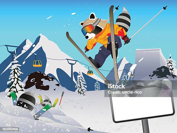 Ski Personnage De Dessin Animé En Peau De Raton Laveur Vecteurs libres de droits et plus d'images vectorielles de Hiver