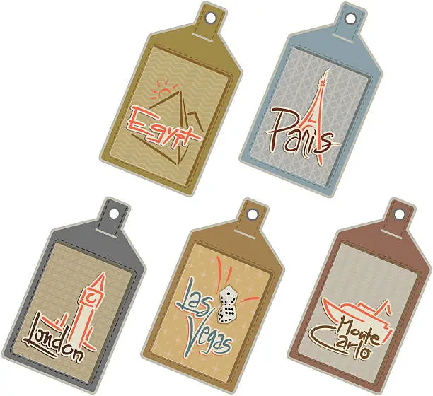 Vector illustration of Six Worldwide Luggage Tags