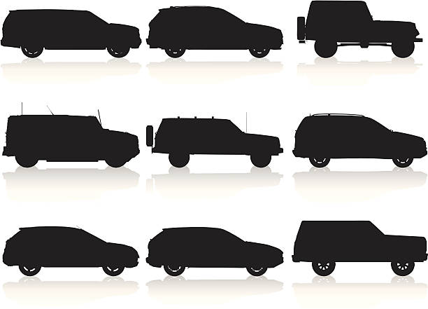 illustrazioni stock, clip art, cartoni animati e icone di tendenza di silhouette colllection suv - car silhouette land vehicle sports utility vehicle