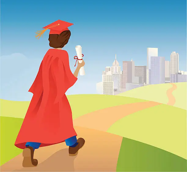 Vector illustration of Graduate walking toward future