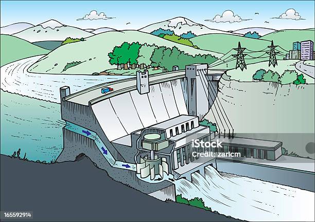 Cartoon Drawing Of A Power Plant Stock Illustration - Download Image Now - Dam, Hydroelectric Power, Illustration