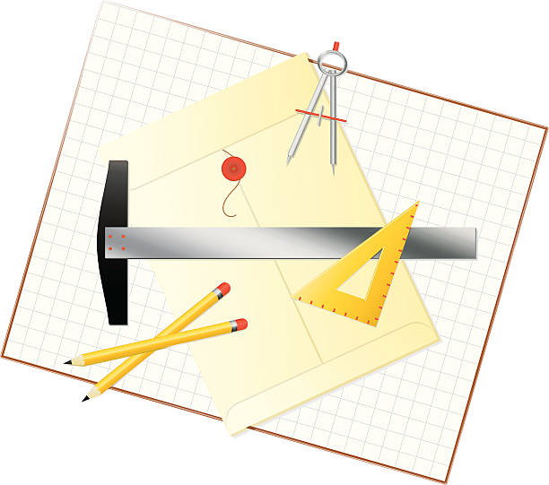 Graphics Tools Layout with Envelope and Graph Paper Graphics tools layout includes compass, triangle, calipers, two pencils, graph paper, and a manila envelope. pencil graph paper stock illustrations