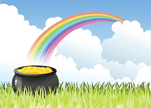 Vector illustration of A pot of gold at the end of the rainbow