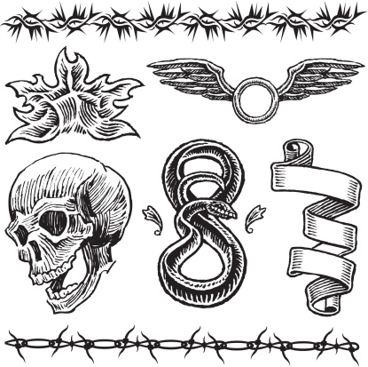 Skull, Flame, Snake, Wings, Barbed Wire, Ribbon Tattoo Designs. Layered for easy separation. Scale to any size. Check out my 