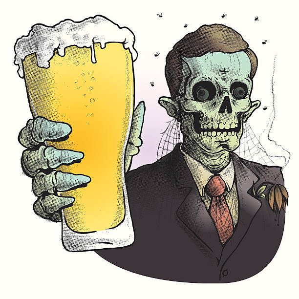 Zombie Wearing Suit Drinking Glass of Beer this is a take off of my vintage style AD of the drinking buddy thats not dead, everything is hand drawn set to a vector half tone screen. this version you can use the line work of just the use as is. the color way can be separated and changed colors of. the beer can of course be a dark beer, just change the colors. drawings of zombies stock illustrations