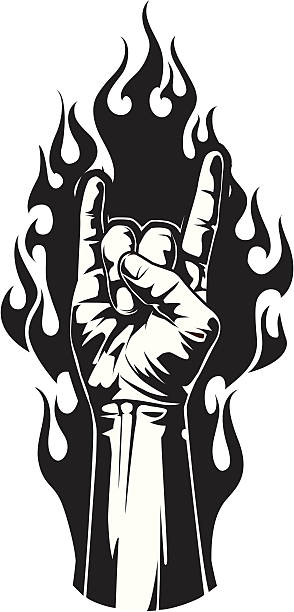 rock on flame rock and roll hand gesture. horn sign stock illustrations