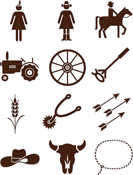 illustrazioni stock, clip art, cartoni animati e icone di tendenza di country woodgrain icone: serie due - wagon wheel