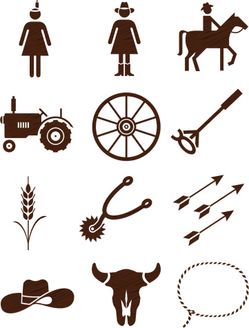 Country and western and farm icons with wood grain texture. 