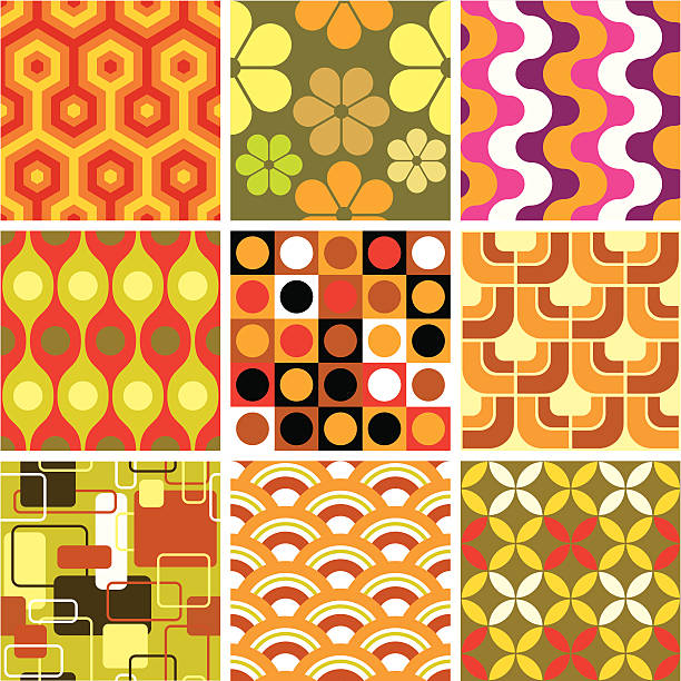 추한 복고풍 원활한 패턴 - 1960s style 1970s style seamless wallpaper pattern stock illustrations
