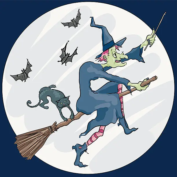 Vector illustration of Cartoon Witch Flying on a Broomstick