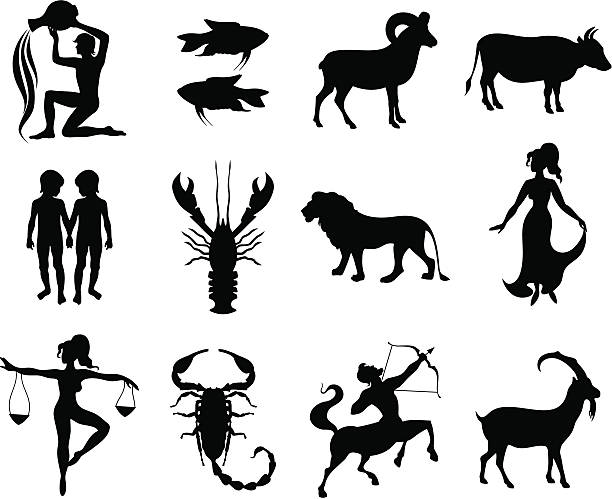 Zodiac Astrology signs, black and white graphic. female scorpio tattoos stock illustrations