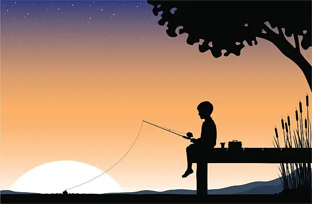 Vector illustration of Child Sunrise fishing