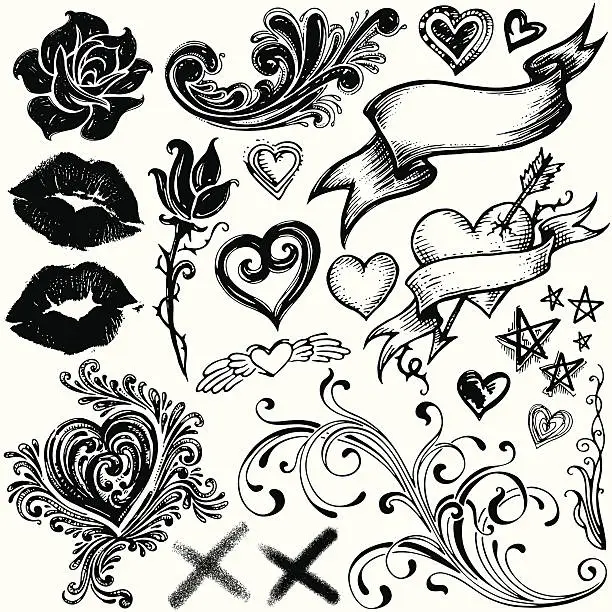 Vector illustration of Freehand Elements with Kisses
