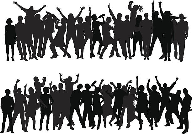 illustrazioni stock, clip art, cartoni animati e icone di tendenza di massa (43 completo, mobile, dettagliato persone - cheering group of people silhouette fan