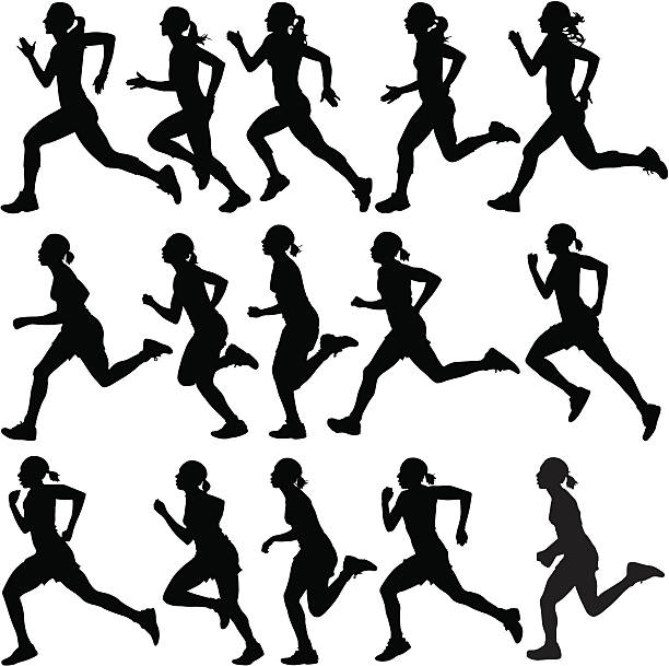 Female runners in silhouette Profiles of women running. leotard stock illustrations