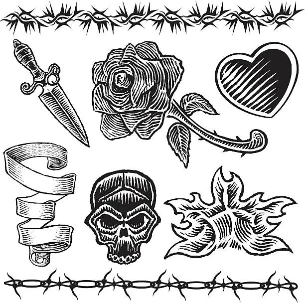Vector illustration of Tattoo Designs Heart Knife Rose Flame