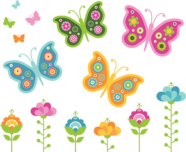 ilustraciones, imágenes clip art, dibujos animados e iconos de stock de retro mariposas - mariposa lepidópteros