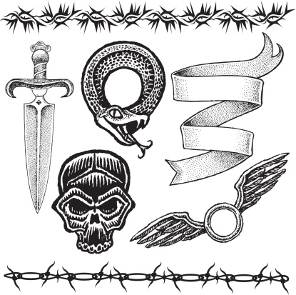 Knife, Skull, Snake, Barbed Wire, Ribbon, Wings Tattoo Designs