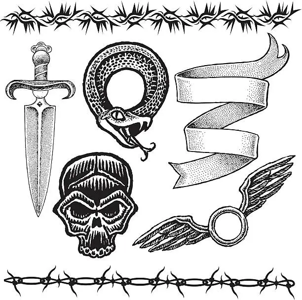 Vector illustration of Knife, Skull, Snake, Barbed Wire, Ribbon, Wings Tattoo Designs