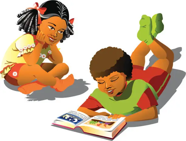 Vector illustration of two kids reading