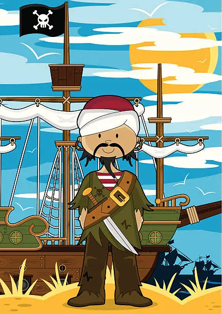Vector illustration of Arabian Pirate & Ship Scene
