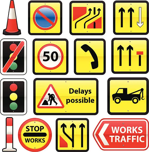 Vector illustration of UK Road Signs: RoadWorks Collection