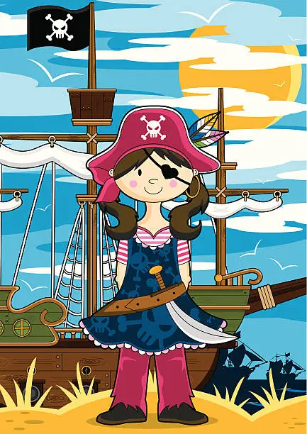 Vector illustration of Girl Pirate Ship Scene