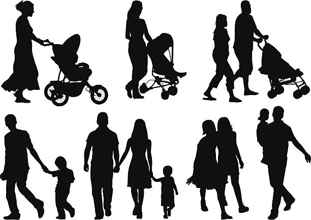 Isolated silhouettes of different families Family holding excursion baby carriage stock illustrations