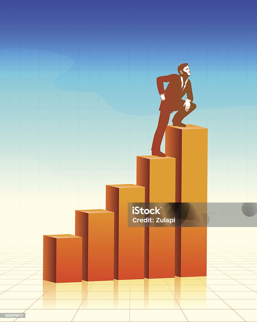 Think Big Vector illustration of a business man steping and resting on the top most step of a business graph, standing on reflective, tiled floor in front of a blue sky Business stock vector